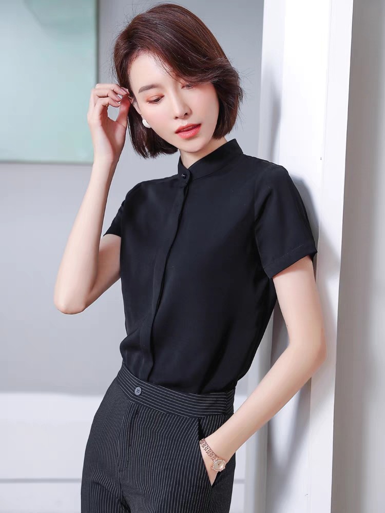 2023春季新款黑色衬衫女长袖真丝小立领雪纺衬衣职业工装宽松上衣