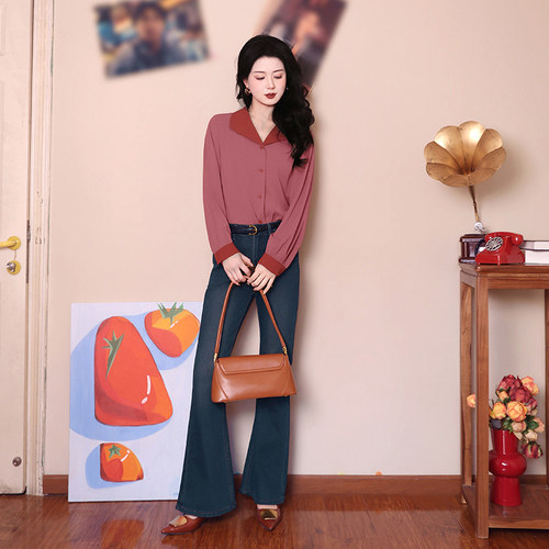 燕麦可可~港风复古穿搭撞色翻领长袖日常通勤春秋季纯色女衬衫