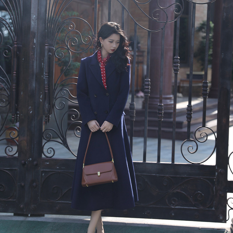 重磅上线~法式复古收腰显瘦双排扣翻领中长款保暖羊毛外套女大衣