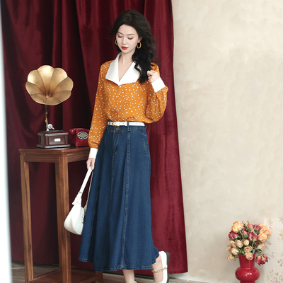 霓虹漫漫~港风复古春秋季大翻领拼色波点通勤休闲宽松长袖女衬衫