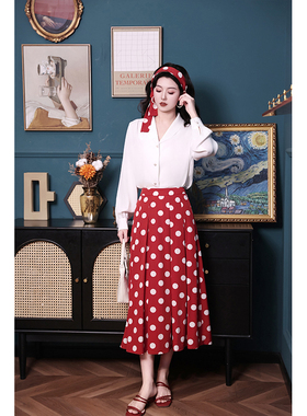浪漫焦点~复古波点中长款高腰遮肉显瘦春季新款A字百褶宽松半身裙