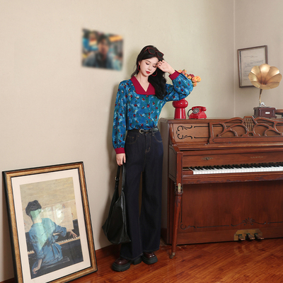 趣味撞色~港风复古穿搭拼色翻领花色春秋季长袖通勤减龄休闲衬衫