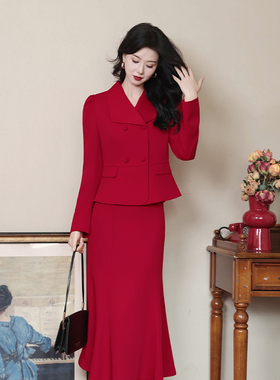 十里红妆~春秋季红色新娘结婚裙装套装回门服两件套[外套+半身裙]