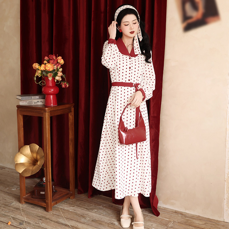 红豆恋人~法式复古翻领收腰显瘦中长款拼色减龄长袖波点连衣裙,女装/女士精品,连衣裙,淘宝优惠券,粉丝福利购,淘宝优惠卷