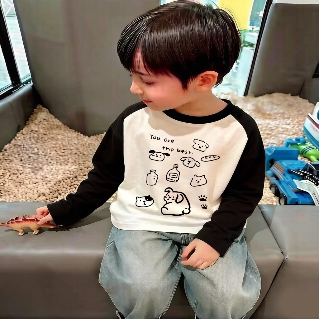 男童春秋纯棉薄款长袖t恤2026新款男孩上衣插肩儿童卡通潮T打底衫