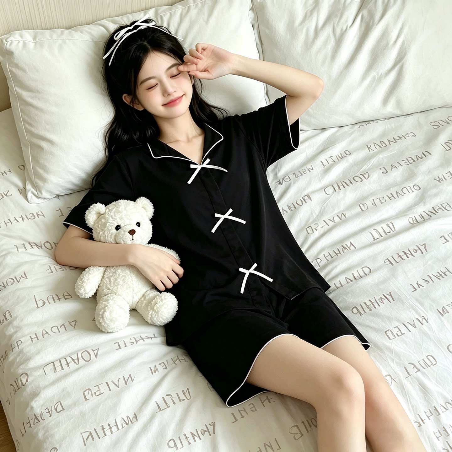 女童夏季纯棉薄款蝴蝶结睡衣套装