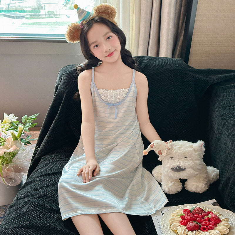 女童夏季薄款可爱条纹吊带睡裙