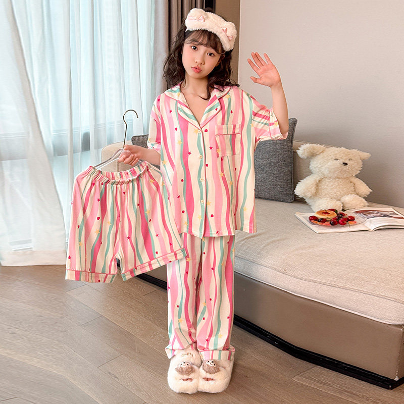 女童夏季条纹翻领家居服两件套