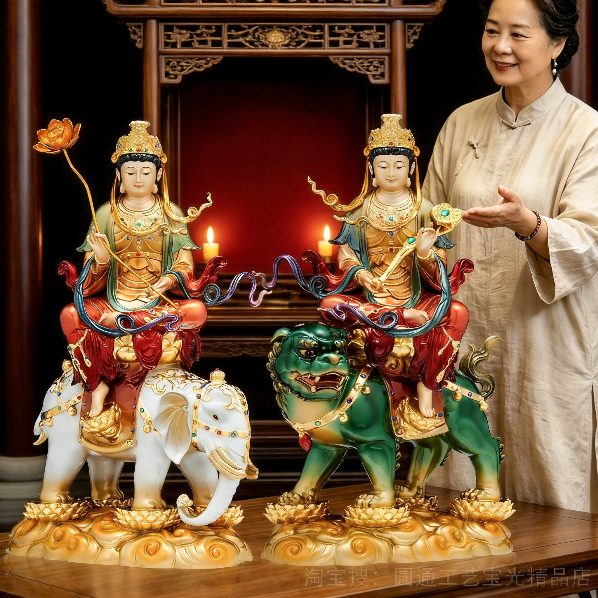 纯铜彩绘文殊普贤菩萨佛像华严三圣坐像家用佛堂供奉本命佛铜摆件