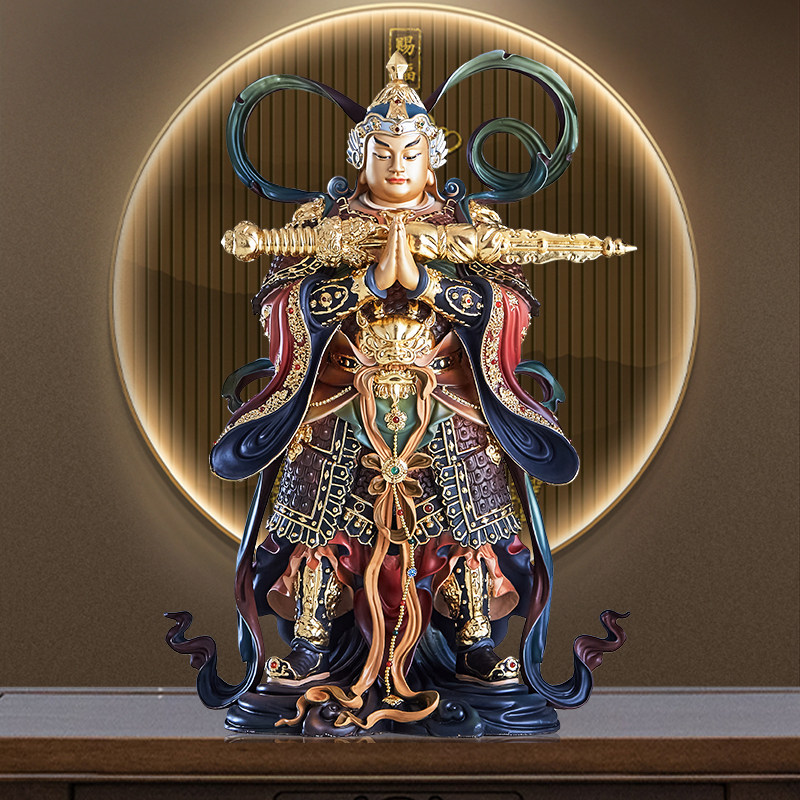 台湾琉晶彩绘朝天韦陀菩萨佛像家用供奉神像护法韦驮铜像桌面摆件