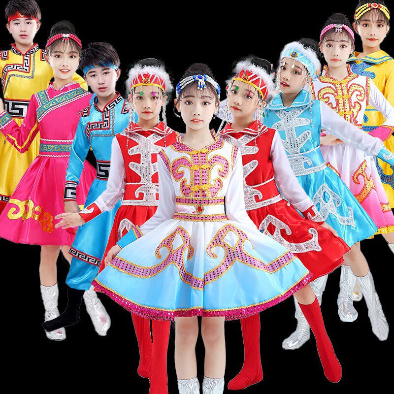新款儿童蒙古服族表演服装白马舞蹈服少数民族服装男童女童演出服