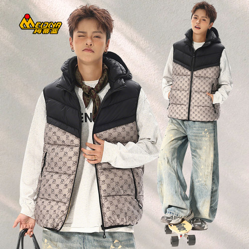 梅蒂亚连帽拼色老花羽绒棉马甲潮