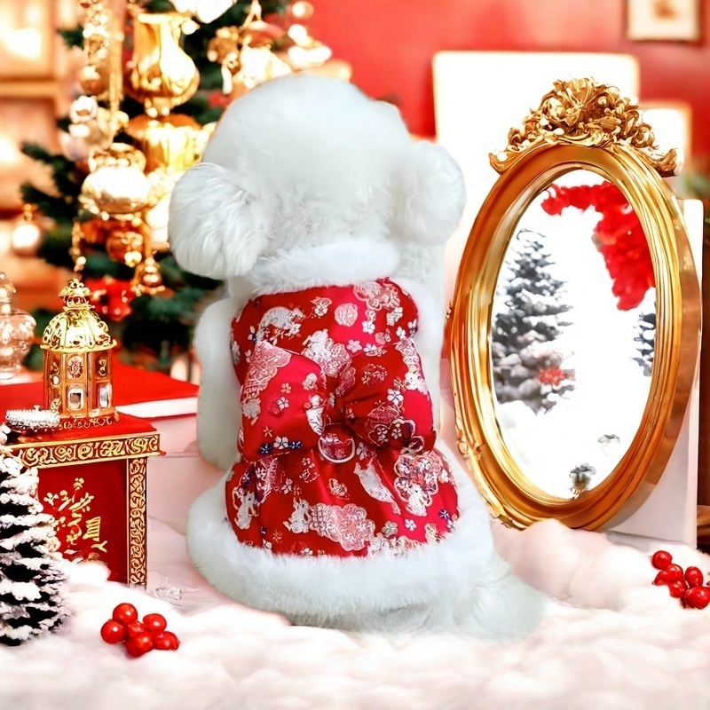 宠物衣服秋冬新款加绒新年唐装裙子泰迪比熊狗狗猫咪牵引过年外套