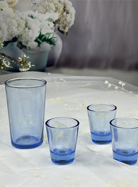 外贸餐具蓝色喇叭口透明玻璃二两小酒酒杯功夫茶杯儿童水杯90ml