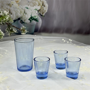 外贸餐具蓝色喇叭口透明玻璃二两小酒酒杯功夫茶杯儿童水杯90ml
