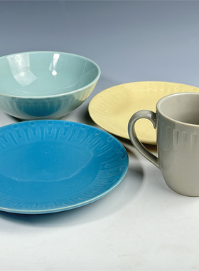 瑕疵特价 出口陶瓷sango浮雕蓝色黄色牛排浅汤盘碗咖啡杯家居厨房
