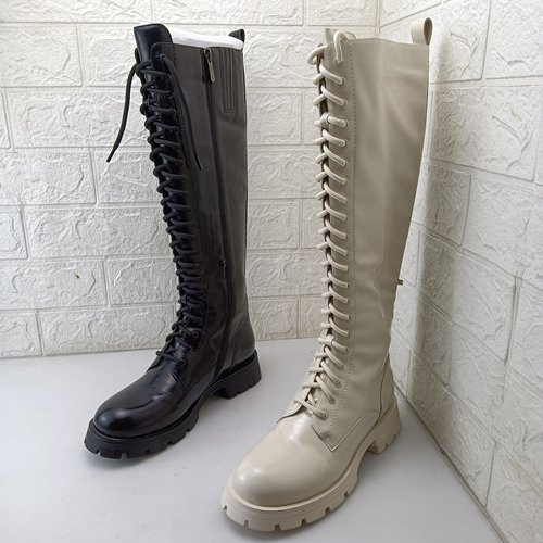 哈森品牌女士真皮长靴正品撤柜骑士靴牛漆皮粗跟高筒皮靴日常女鞋