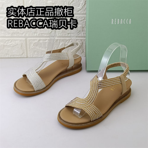 REBACCA瑞贝卡正品女凉鞋夏季平底一字带时装坡跟女鞋日常水钻鞋