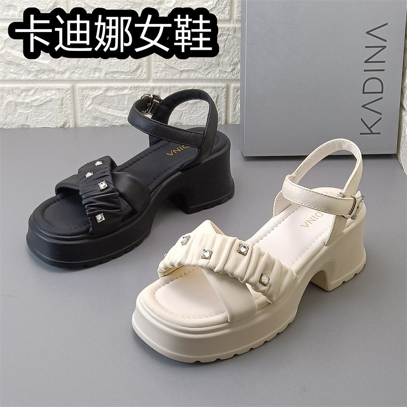 卡迪娜女鞋正品撤柜褶皱厚底凉鞋女夏季一字带时装鞋百搭羊皮鞋子图片
