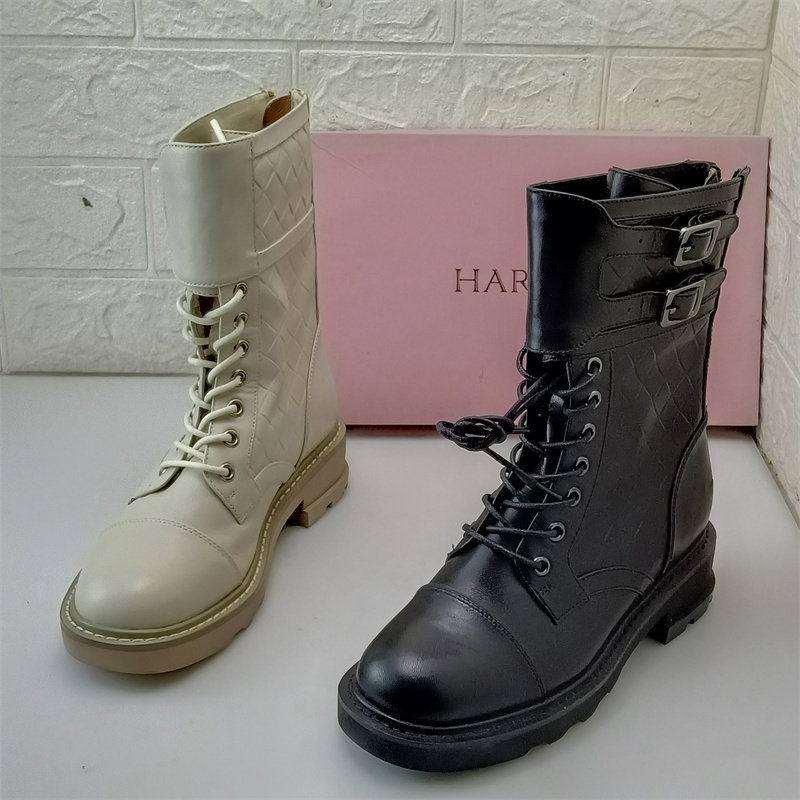 哈森品牌女士真皮粗跟短靴商场尾单撤柜断码处理机车马丁靴牛皮靴