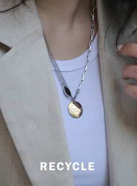 RECYCLE / T扣圆牌项链 复古欧美街头朋克双层锁骨链小众设计感