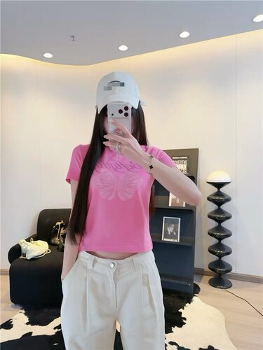 【浩存同款】重工烫钻短袖T恤修身正肩蝴蝶上衣