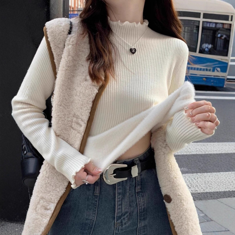 加绒加厚一体绒针织打底衫女木耳边半高领毛衣秋冬季长袖内搭上衣