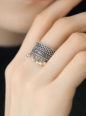 铜镀银中式蕾丝花边流苏戒指小铃铛复古百搭民族风小众个性设计感