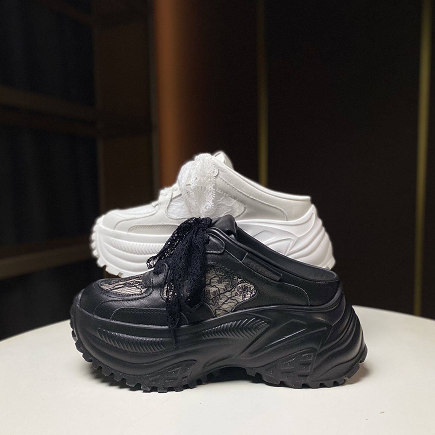 春夏季新款真皮包头半拖女厚底小个子增高老爹鞋网面蕾丝系带拖鞋