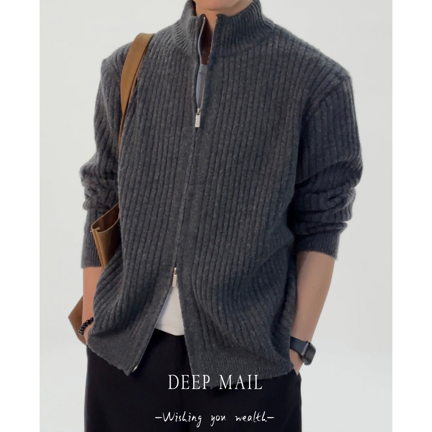 DEEPMAIL男士羊毛混纺立领条纹宽松针织开衫秋冬休闲显瘦百搭毛衣