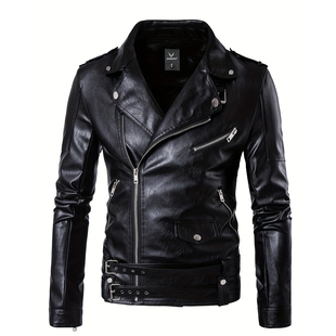修翻领PU皮衣潮 休闲外套摩托机车防风皮夹克拉链装 外贸大码 男士