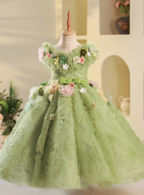 女童礼服绿色精灵森系花朵生日公主裙儿童主持人走秀钢琴演出服春