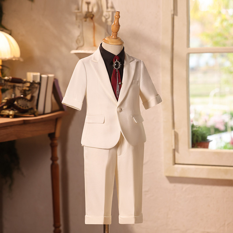儿童西装套装礼服男童白色短袖夏季小西服花童生日主持人走秀演出