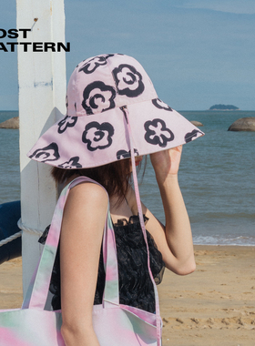 双成记紫色花花双面系带宽檐渔夫帽大帽檐遮脸帽女防紫外线防晒帽