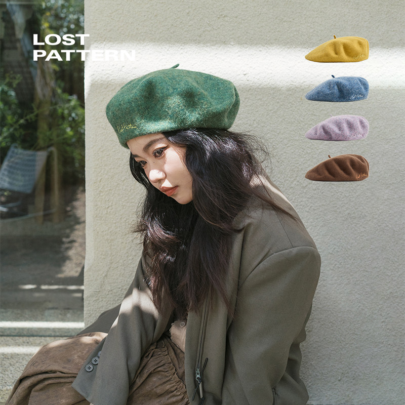 双成记丨经典刺绣贝雷帽 澳洲全羊毛画家帽百搭英伦复古大头围