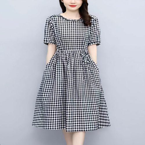 棉麻格子连衣裙女2024夏季新款韩版中长款收腰显瘦短袖大码裙子潮