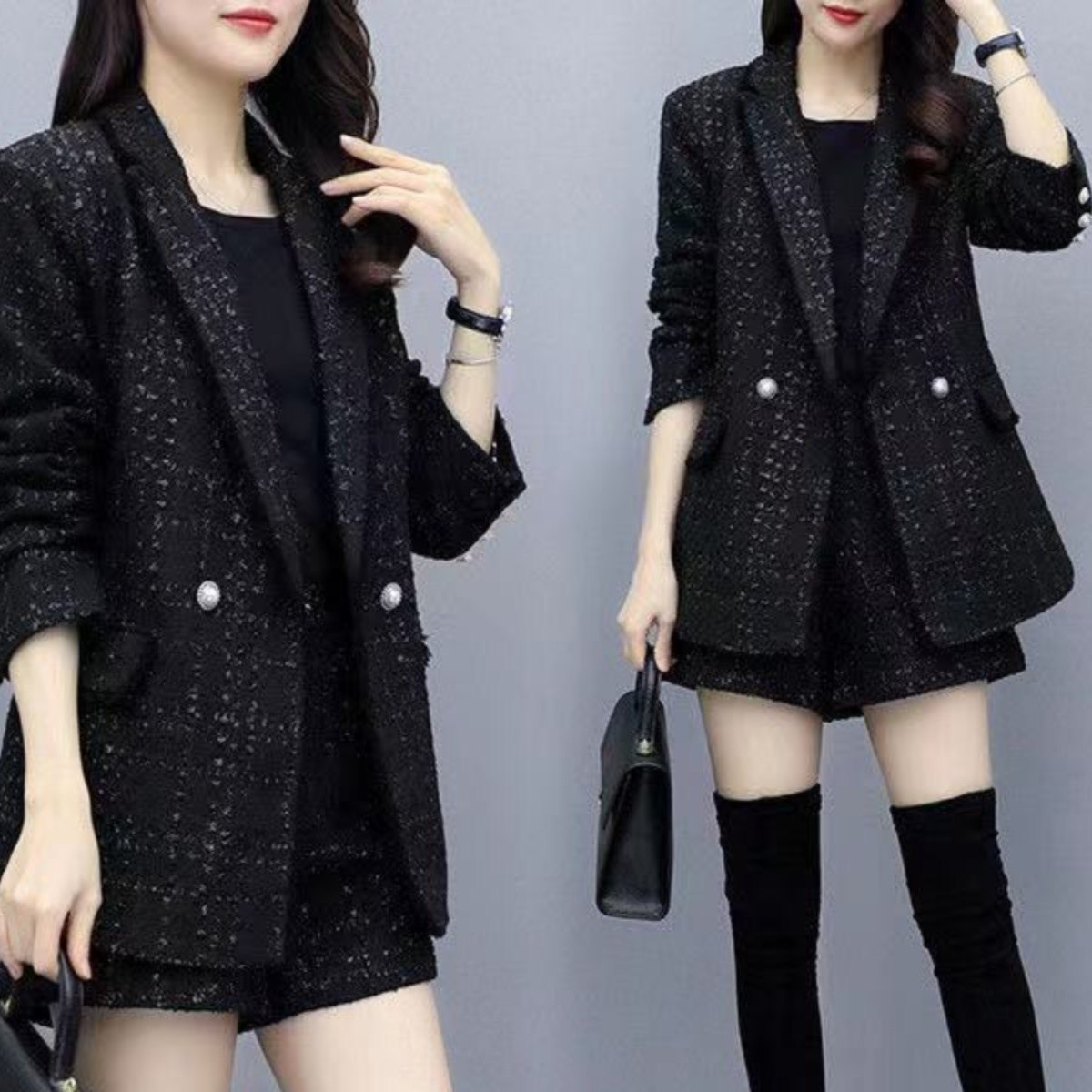 2025春秋大码减龄两件套女宽松高端西装外套胖妹妹小香风短裤套装