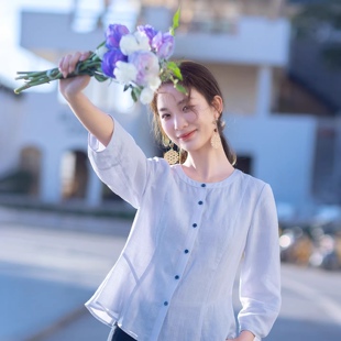 流行蓝色天丝亚麻衬衫女长袖设计感宽松2026年春季新款女气质上衣