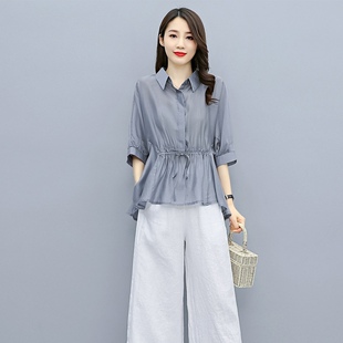 时尚衬衣套装女夏2026新款夏装韩版宽松显瘦气质棉麻两件套阔腿裤