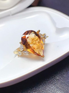 水滴形黄水晶戒指女925银镶钻