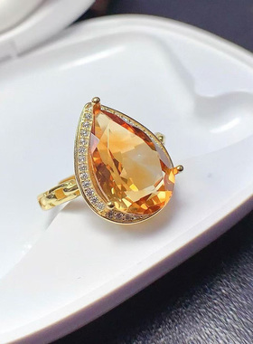 天然黄水晶戒指925纯银镀18K金