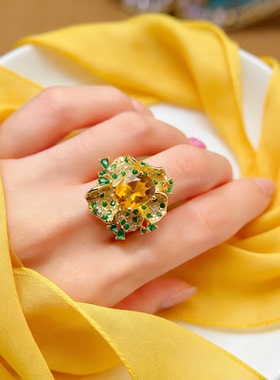 天然黄水晶心形S925银开口戒指