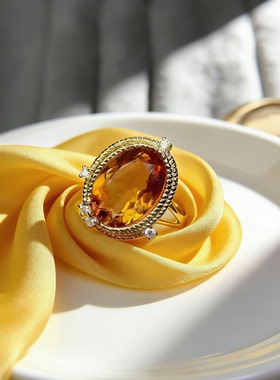 天然黄水晶戒指女夏转运招财花