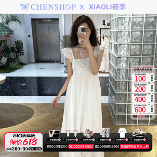 显瘦女CHENSHOP设计师品牌 刺绣连衣裙修身 白色长款 XIAOLI筱李时尚