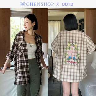 ODTD时尚 CHENSHOP设计师品牌 新款 彩色和平鸽宽松男友风棉格子衬衫