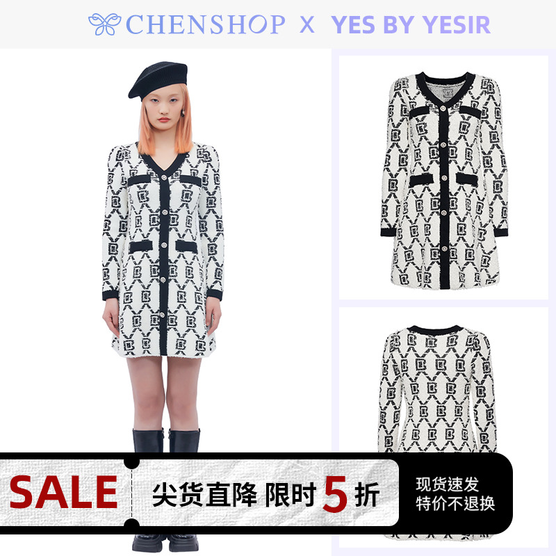 YES BY YESIR时尚V领黑色YBY针织长袖连衣裙CHENSHOP设计师品牌 女装/女士精品 连衣裙 原图主图