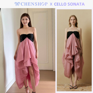 Cello 连衣裙百搭CHENSHOP设计师品牌 花苞立褶粉黑短款 Sonata时尚