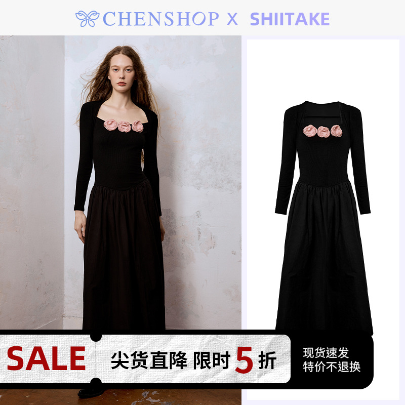 Shiitake时尚甜美三朵玫瑰装饰面料拼接连衣裙CHENSHOP设计师品牌 女装/女士精品 连衣裙 原图主图