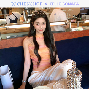 Cello Sonata时尚印花真丝挂脖飘带连上衣无袖背心CHENSHOP买手店