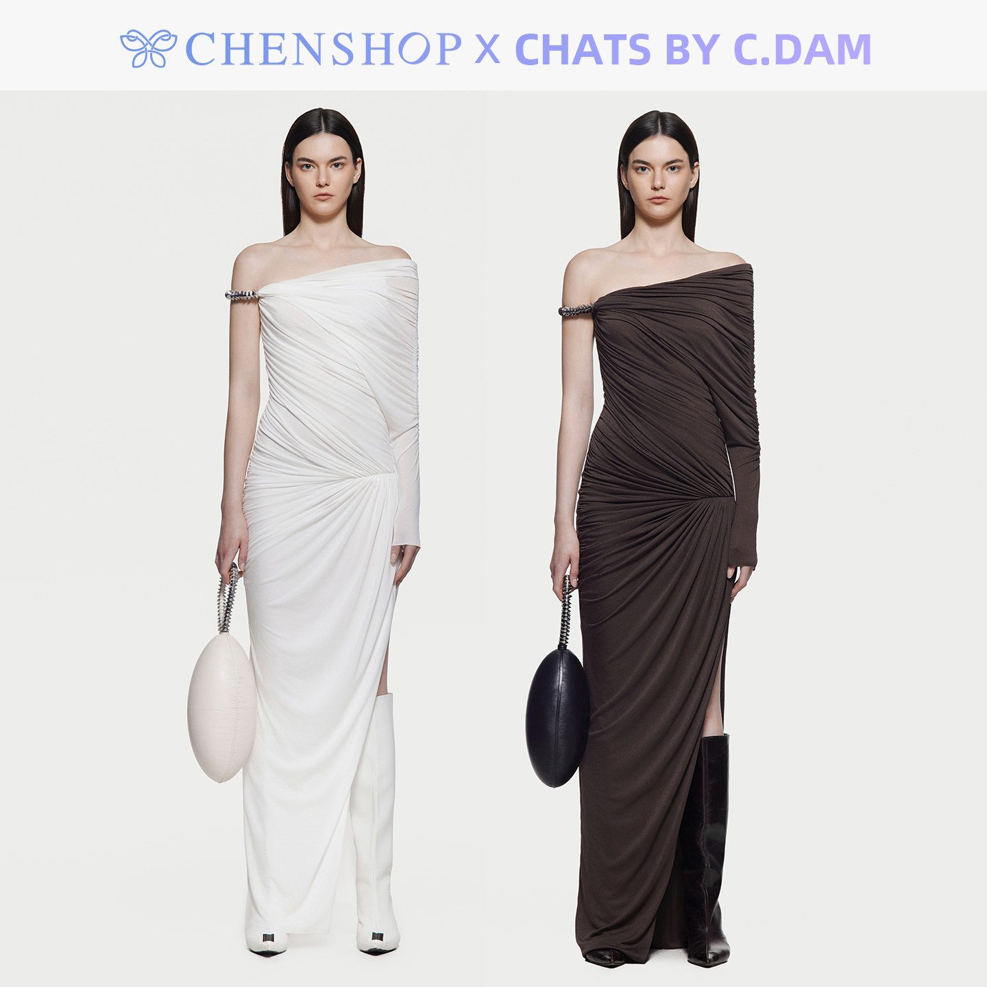 姚晓棠同款时尚连衣裙斜肩长袖